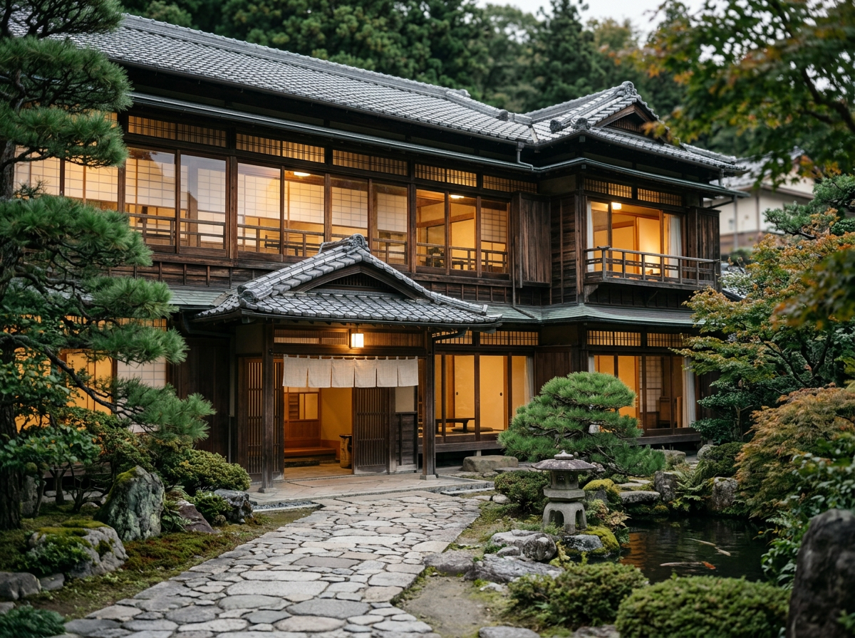 Traditional Japanese house with wooden exterior, sliding shoji doors, and tiled roof, surrounded by a landscaped garden with stone path, bonsai trees, moss, and small pond, lit warmly from inside during dusk.