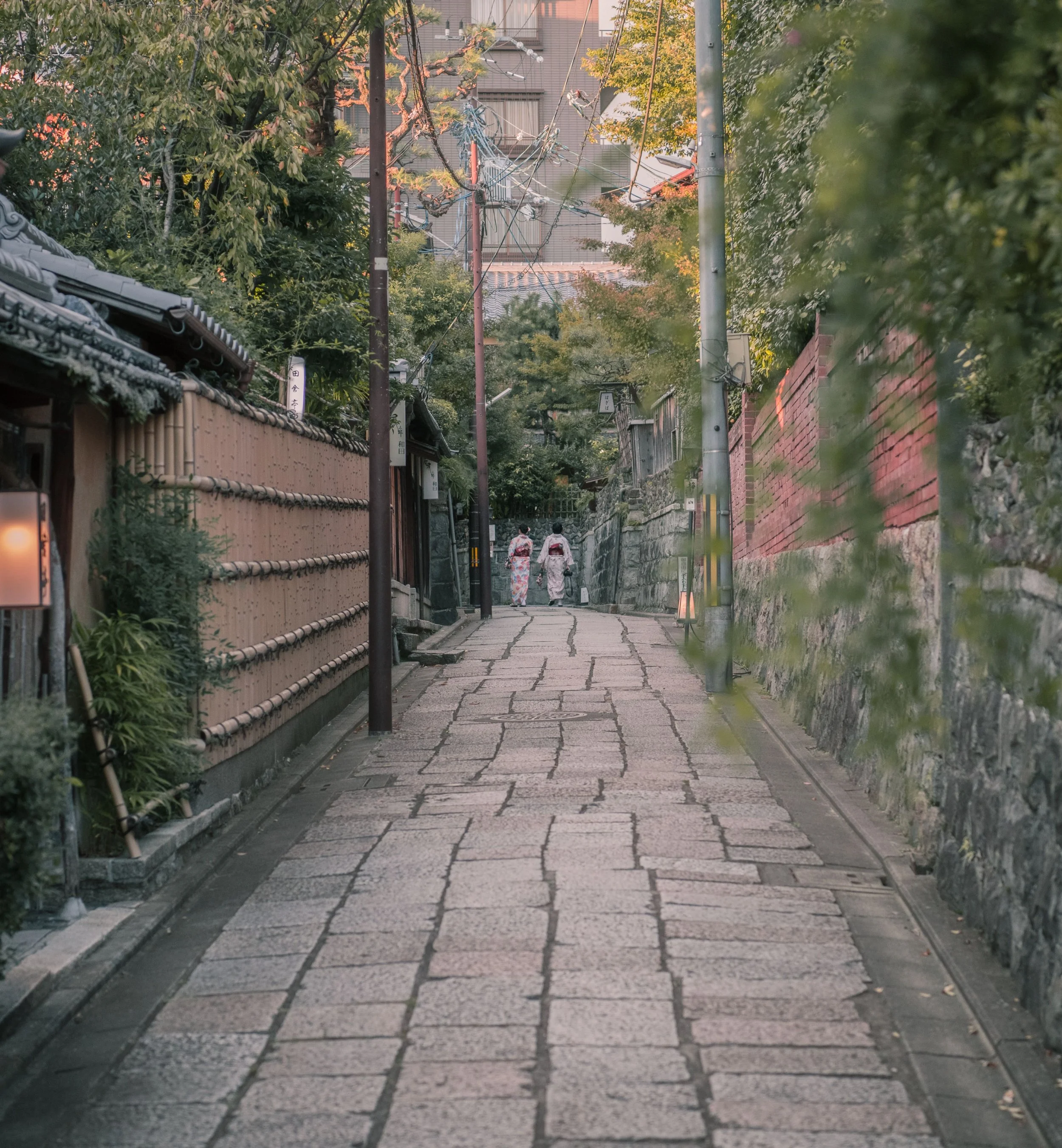 A quiet narrow street paved with rectangular stones, flanked by traditional Japanese buildings with tiled roofs and lush greenery. Two people wearing yukata are walking away from the camera, with their backs visible. There are utility poles and wires overhead, and the scene is illuminated by soft, warm lighting indicative of early evening.