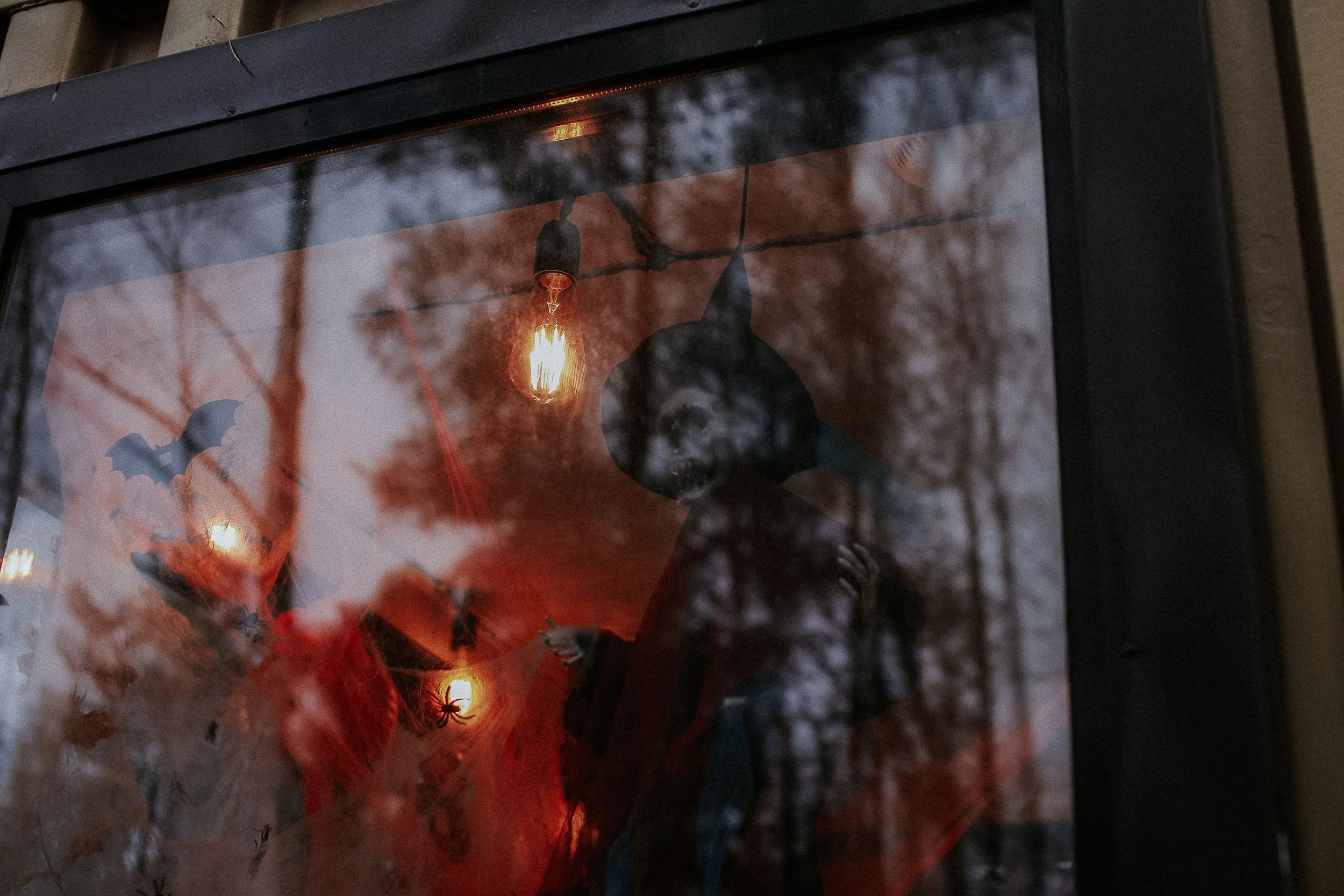 A reflection of a Halloween themed decoration with bats on a glass surface, with an orange light bulb illuminating inside, and trees visible in the background.