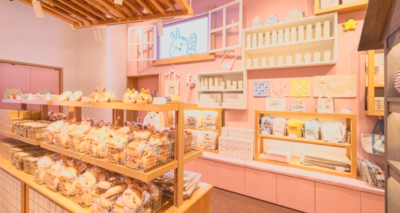 Interior of a cute shop with pink walls, shelves filled with small items such as stationery, plush toys, and accessories. There are shelves with packaged products, a small window with a drawing of a bunny holding a carrot, and various decorative elements on the walls.