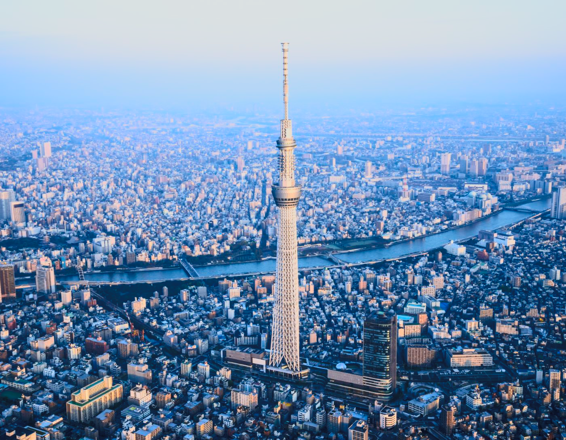Aerial view of Tokyo skyline with Tokyo Skytree tower in the center during daytime.