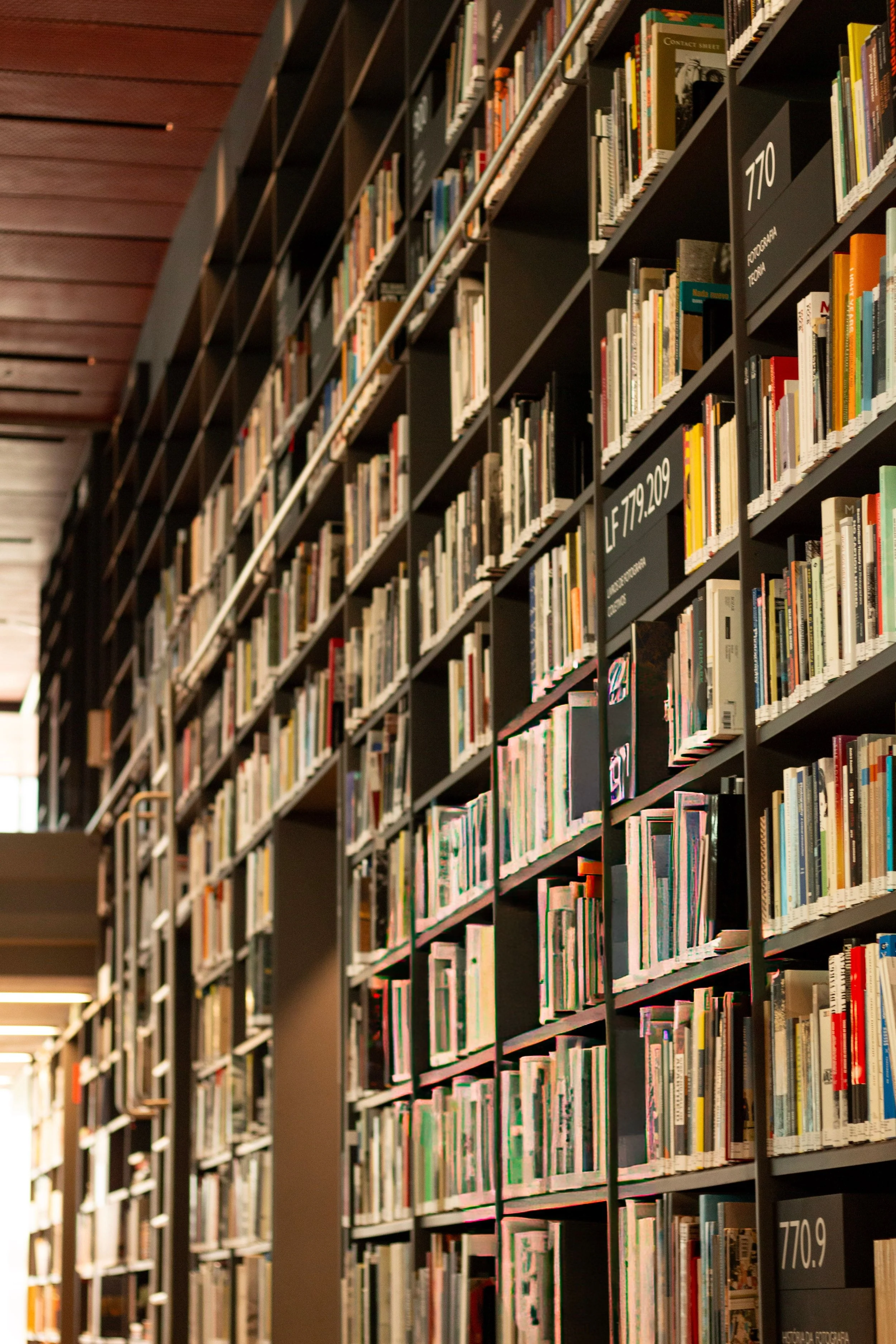 Bookshelves filled with books in a library, with metal rods separating the shelves, and a wooden ceiling in the background.