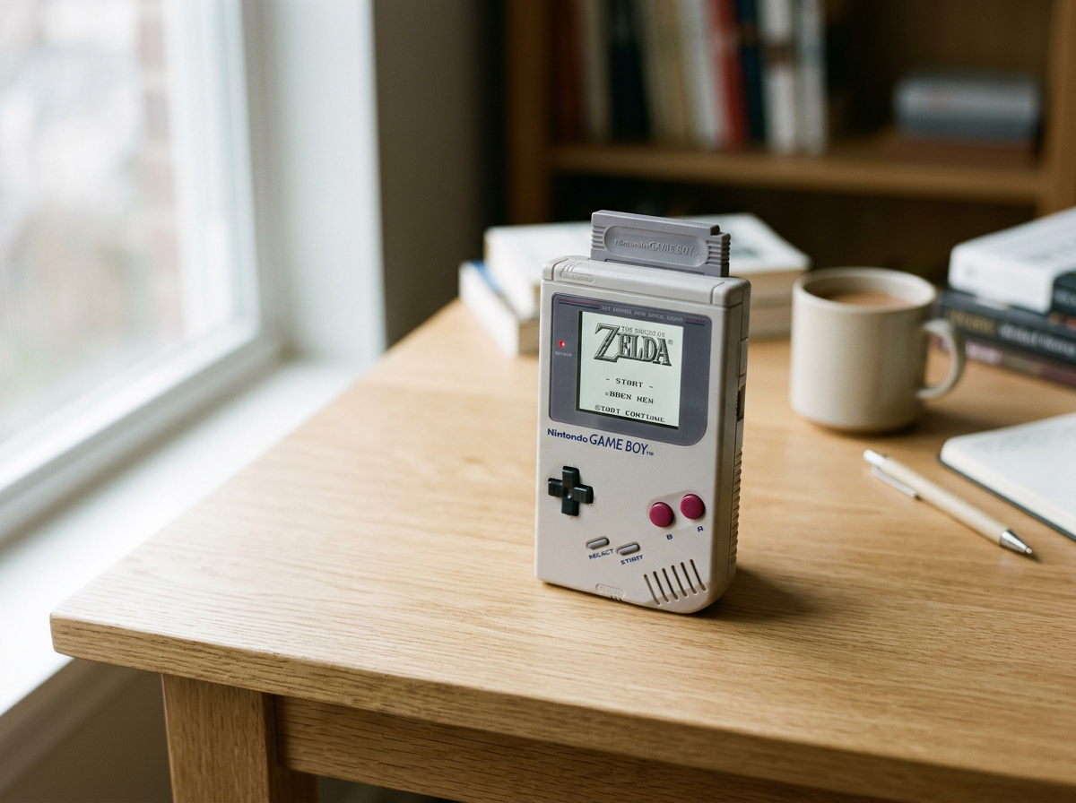 A retro Nintendo Game Boy with The Legend of Zelda game on its screen placed on a wooden desk. There is a mug, a pen, and some books in the background near a window with light coming through.
