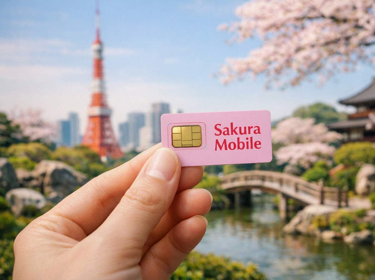 Hand holding a pink Sakura Mobile SIM card in front of a scenic Japanese landscape with cherry blossoms, a bridge, water, and the Tokyo Tower in the background.