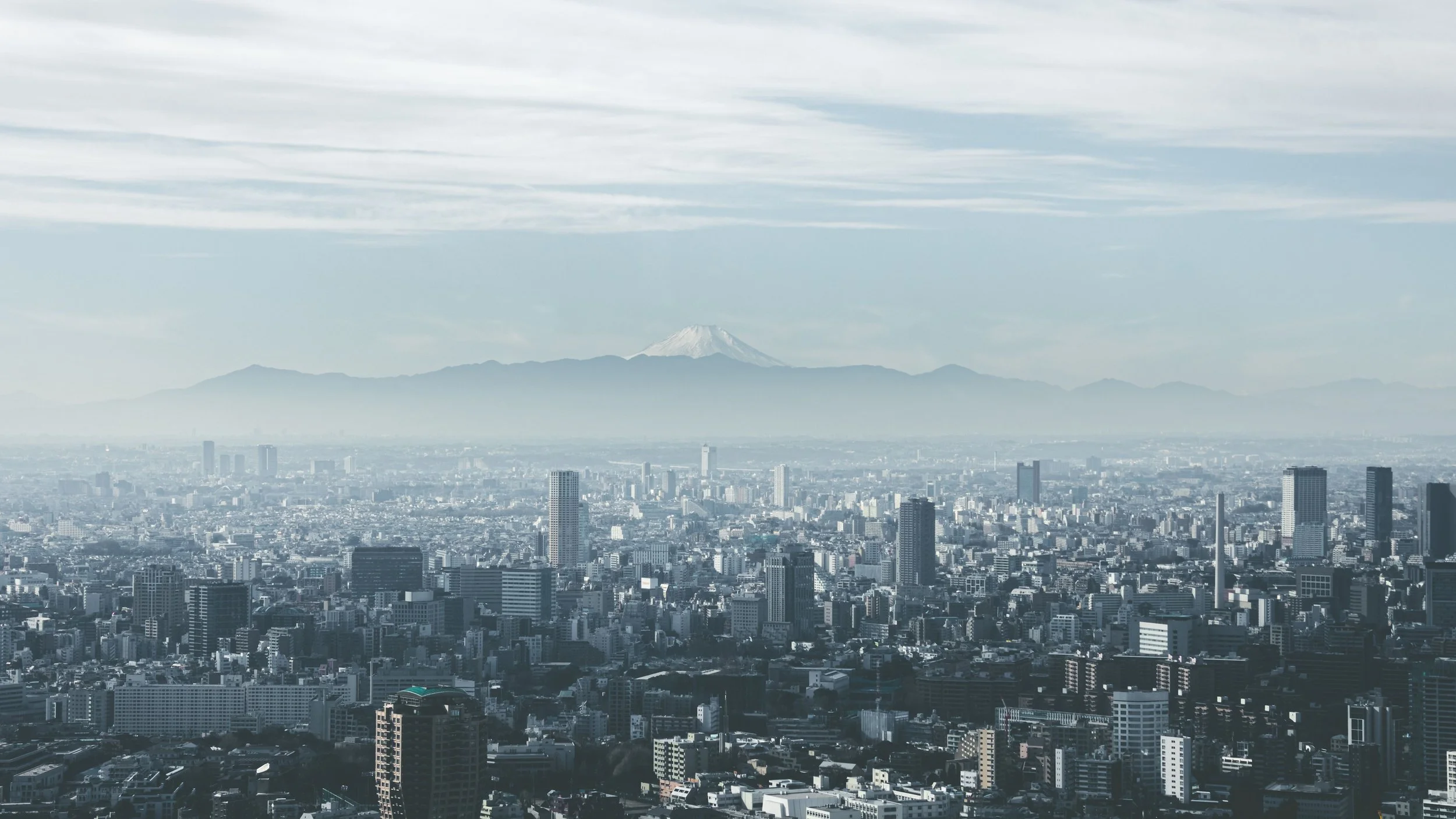 A city skyline with numerous high-rise buildings and Mount Fuji in the background under a cloudy sky.