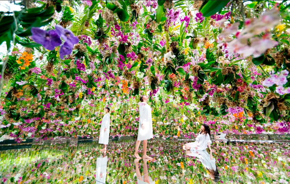 Three women in white dresses inside a flower-covered installation with reflective flooring, surrounded by hanging pink, purple, white, and orange flowers.