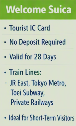 Signboard with information about Suica card benefits and train lines in English.