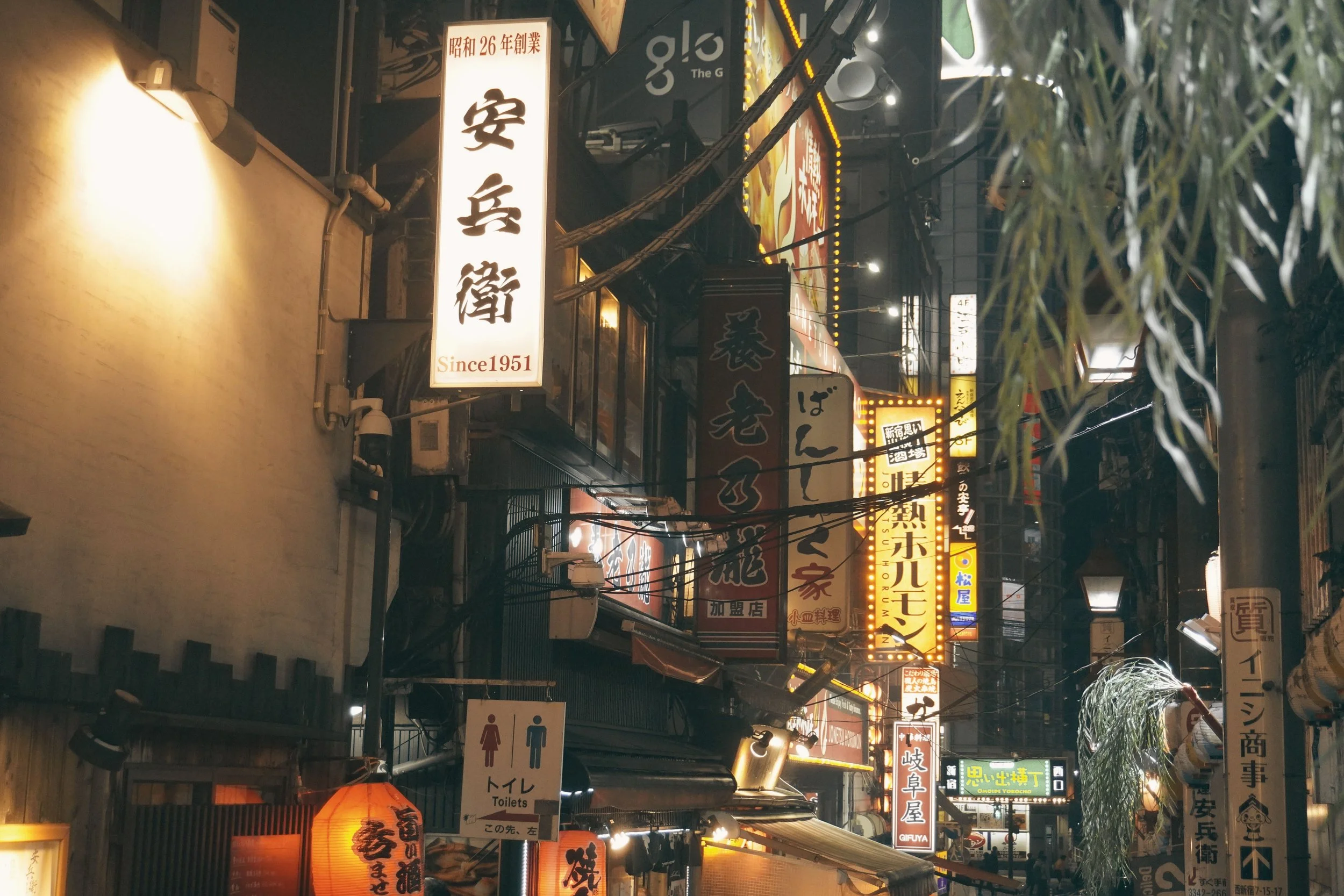 Nighttime street scene in Japan with illuminated signs, lanterns, and commercial buildings, showcasing a vibrant urban area.