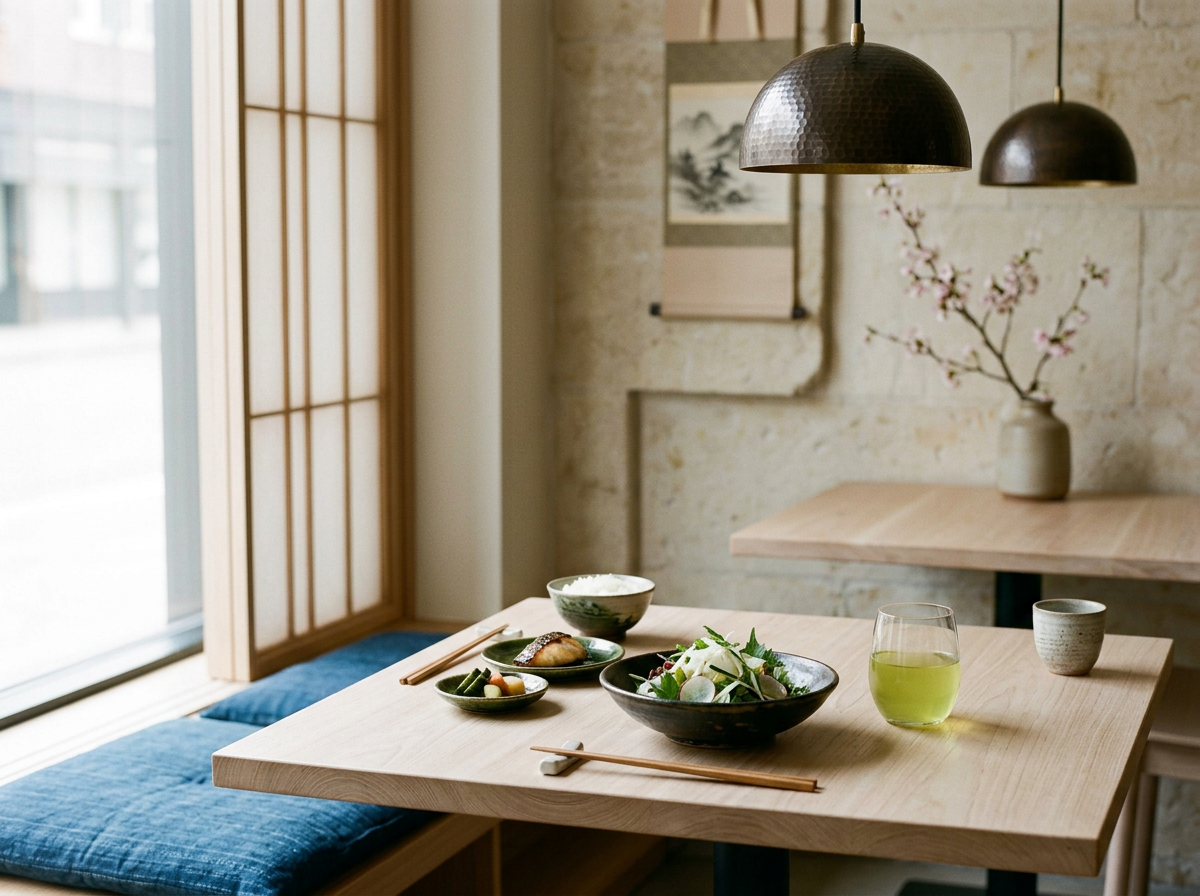 A Japanese-style dining area with a wooden table set with dishes, chopsticks, a glass of green beverage, and a small cup. There are blue cushions for seating and a window with wooden frames. A hanging lamp and a wall scroll with a landscape painting are also visible, along with a vase of pink cherry blossoms.