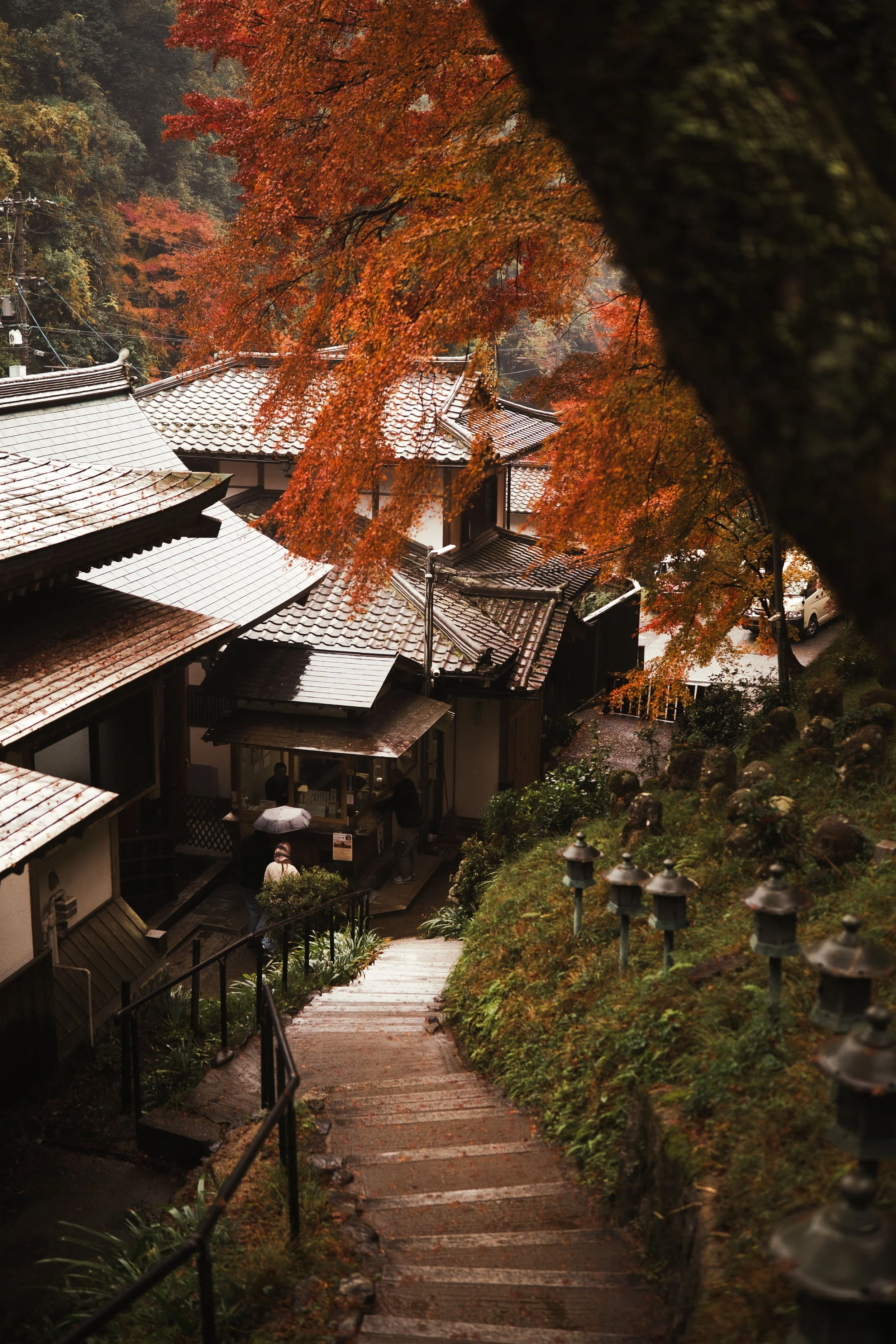 A scenic view of a narrow, stone pathway with steps and a black metal railing, winding down a hillside with lush green grass and small stone lanterns on the right side. The scene is set in autumn with orange and red fall foliage on trees and a cloudy, rainy ambiance. Traditional Japanese style houses with tiled roofs are visible in the background, partially obscured by the colorful leaves.