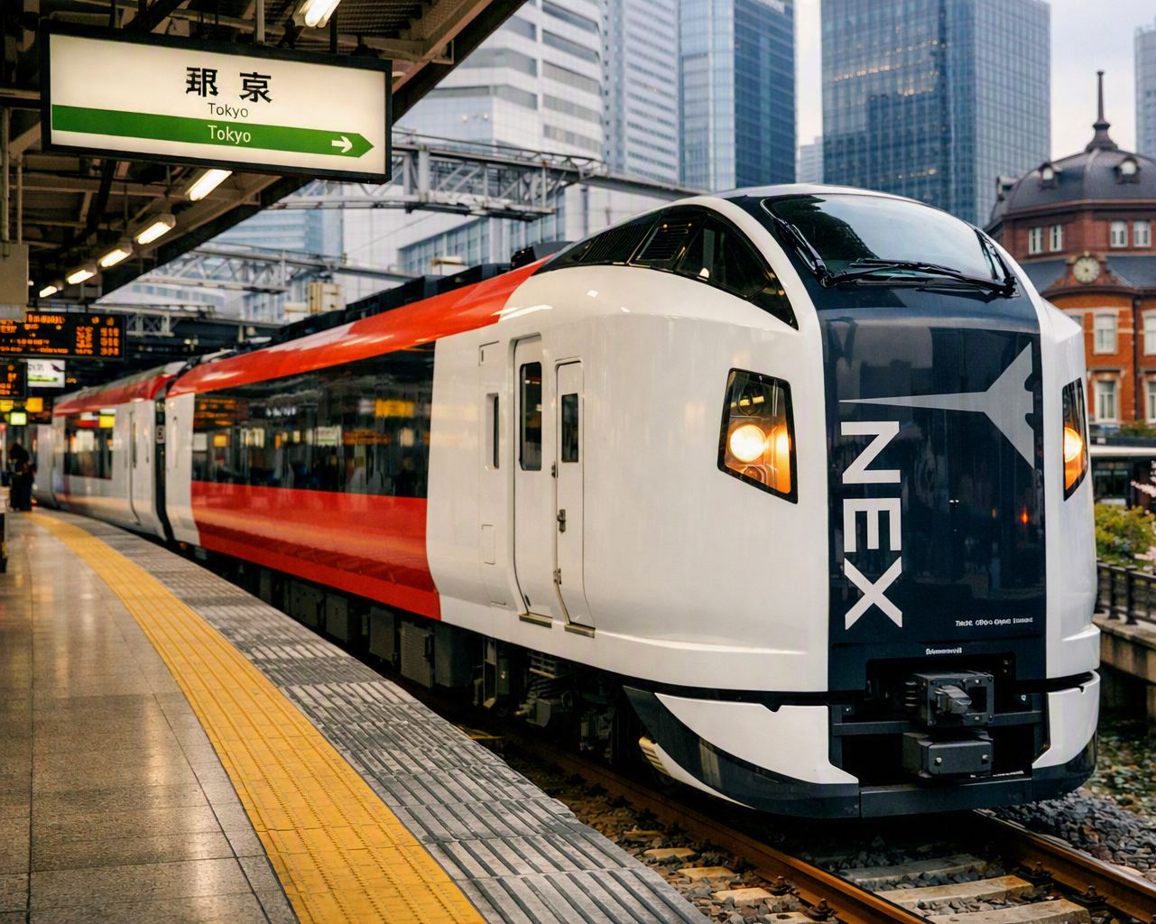 Modern train at Tokyo station with city skyscrapers in the background.