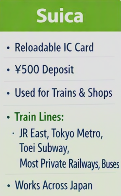 Information card about Suica: Reloadable IC card, 500 yen deposit, used for trains and shops, train lines include JR East, Tokyo Metro, Toei Subway, private railways, buses, works across Japan.