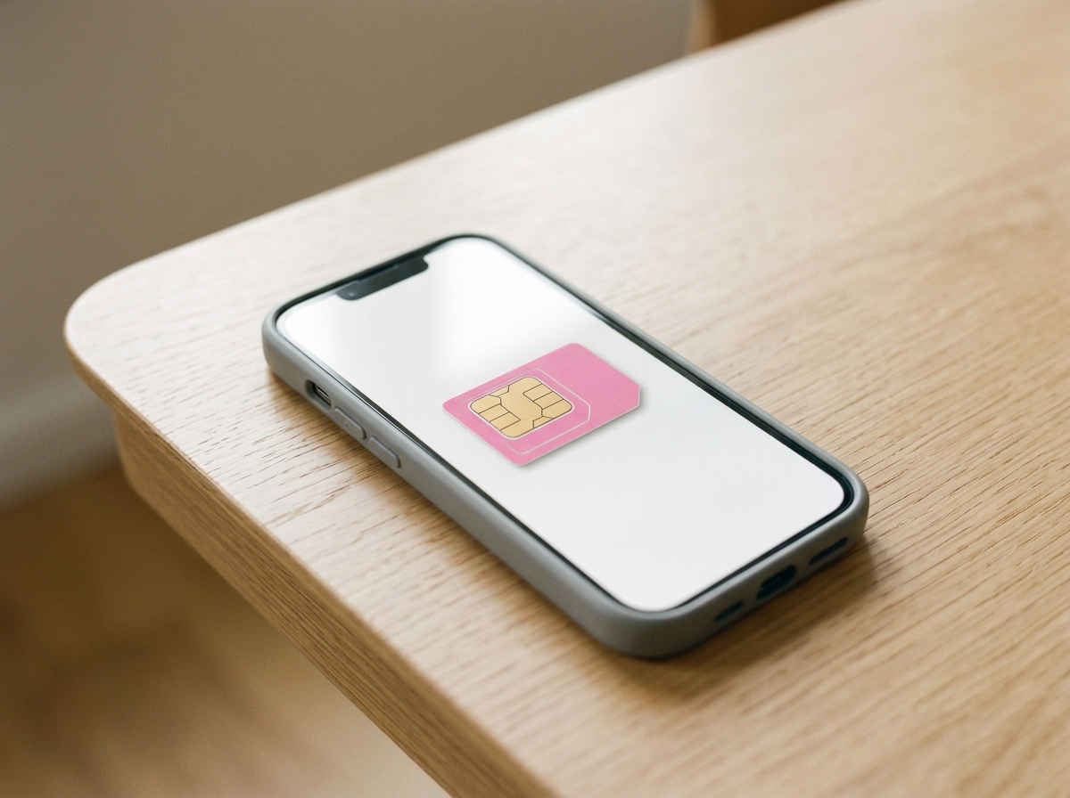 Smartphone displaying a pink credit card icon on the screen, placed on a light wood surface.