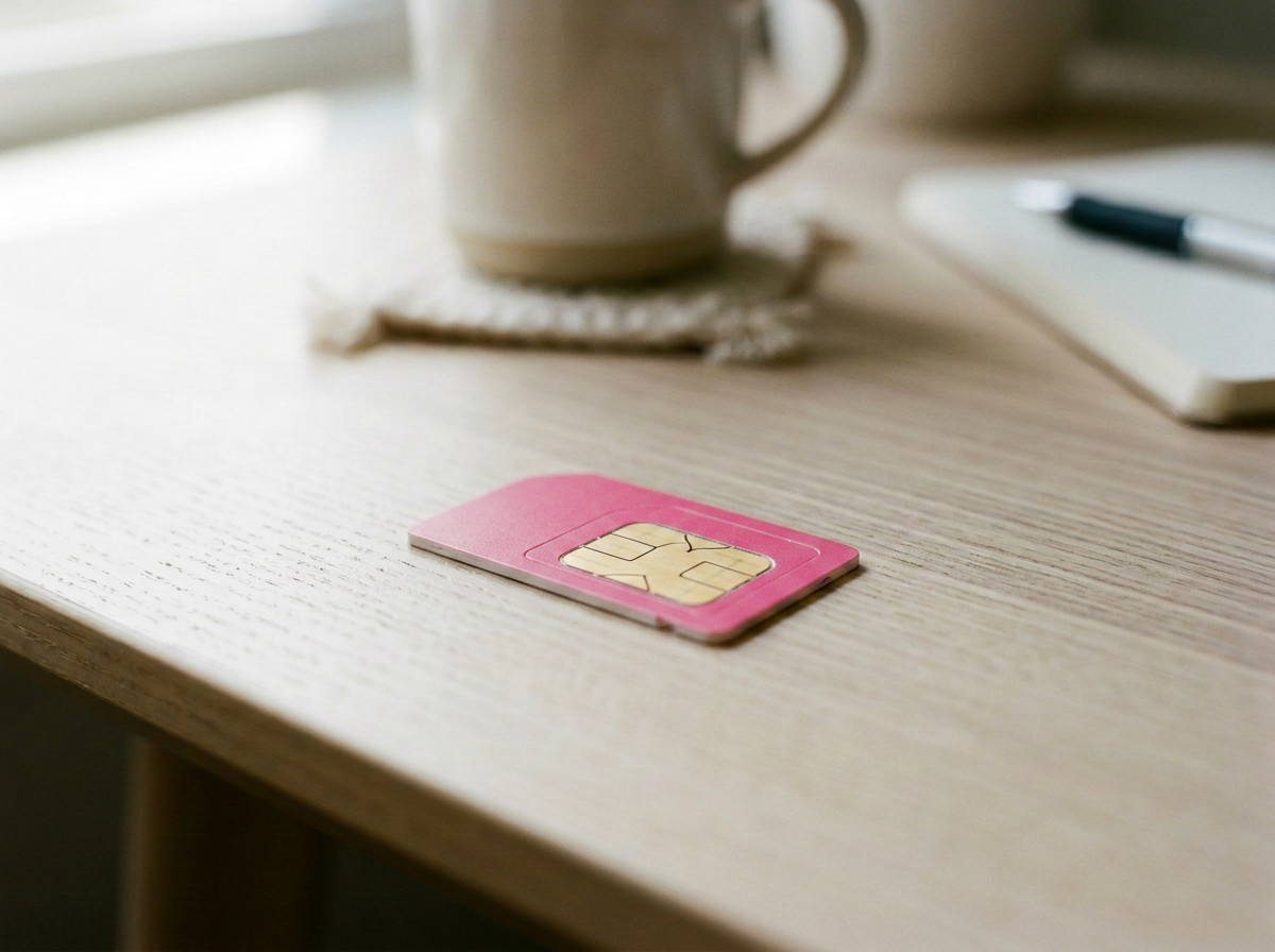 Pink SIM card placed on a light wood desk with a coffee mug, notepad, and pen in the background.