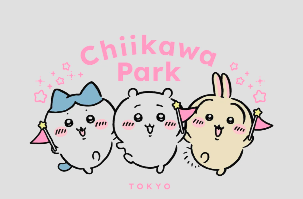 Cartoon characters of a cat, a bear, and a bunny with cheerful expressions, holding pink flags, with pink stars and sparkles, and pink text that reads 'Chikawa Park Tokyo' on a light gray background.