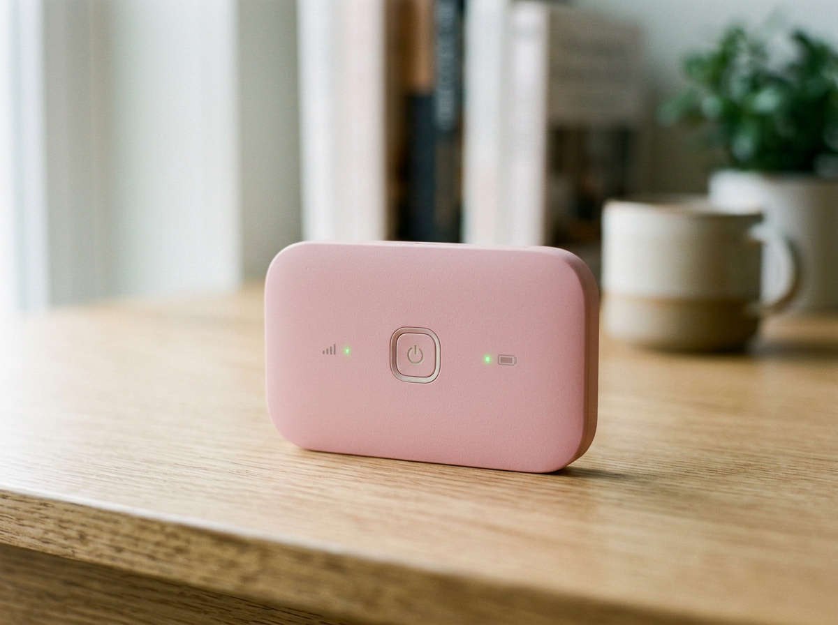 Pink portable Wi-Fi hotspot device on wooden table with green status lights, in a cozy room with indoor plants and cups in background.