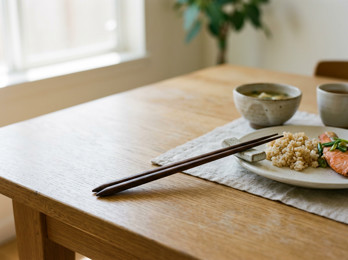 A wooden table set with a white cloth, chopsticks, and a ceramic plate with rice, salmon, and vegetables. There are two ceramic cups and a bowl of soup nearby, with a window and greenery in the background.