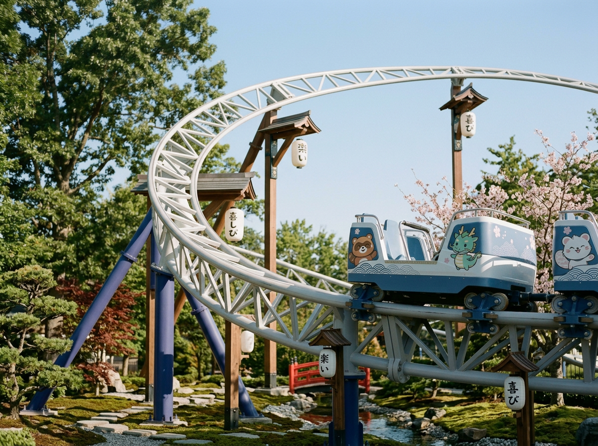 A miniature amusement park ride with animal-themed cars on a roller coaster track, set in a Japanese garden with green trees, pink cherry blossoms, and traditional lanterns.