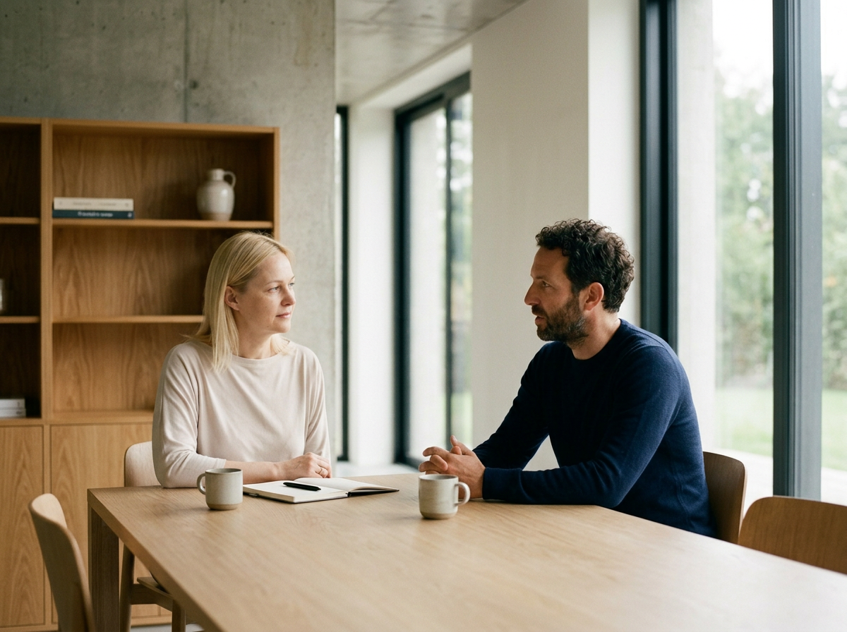 A man and a woman sitting at a wooden table in a modern room with large windows, having a conversation. The woman has blonde hair and is wearing a light-colored top. The man has dark curly hair and a beard, wearing a dark shirt. There are two coffee mugs and an open notebook on the table.