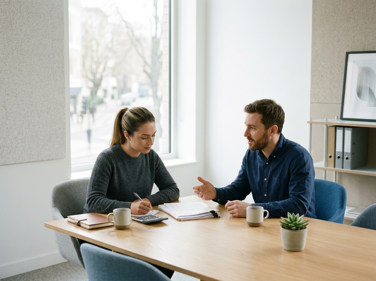 A man in a blue shirt is speaking to a woman in a gray sweater while sitting at a wooden table in a bright office, with plants, notebooks, books, and coffee mugs on the table.