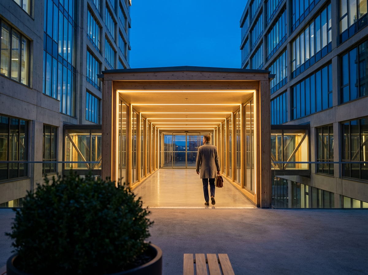 A man with a briefcase walking through a lit modern corridor outside an office building at dusk.