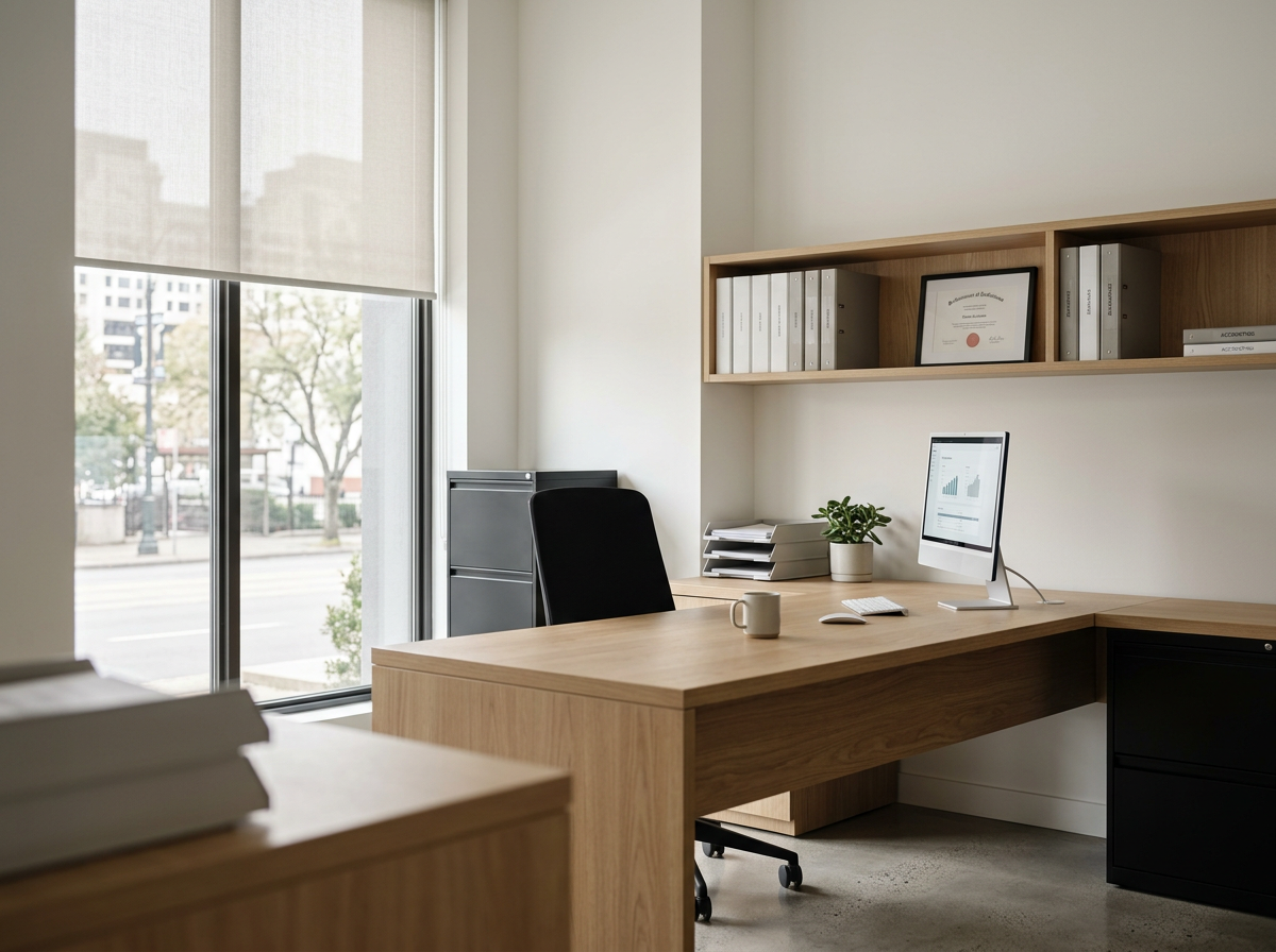 Empty modern office with a wooden desk, a computer, a potted plant, a coffee mug, and organized shelves with binders.
