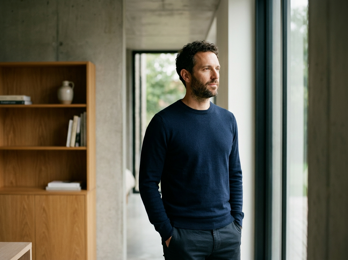 A man with dark, curly hair and a beard looking out a window in a modern indoor space. He is wearing a navy blue sweater and gray pants, with one hand in his pocket.