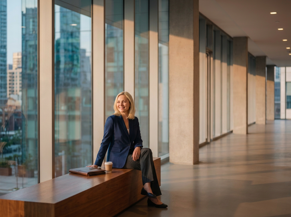 A smiling woman in a navy blazer and grey pants sitting on a wooden bench in a modern office lobby with large glass windows and city buildings outside.