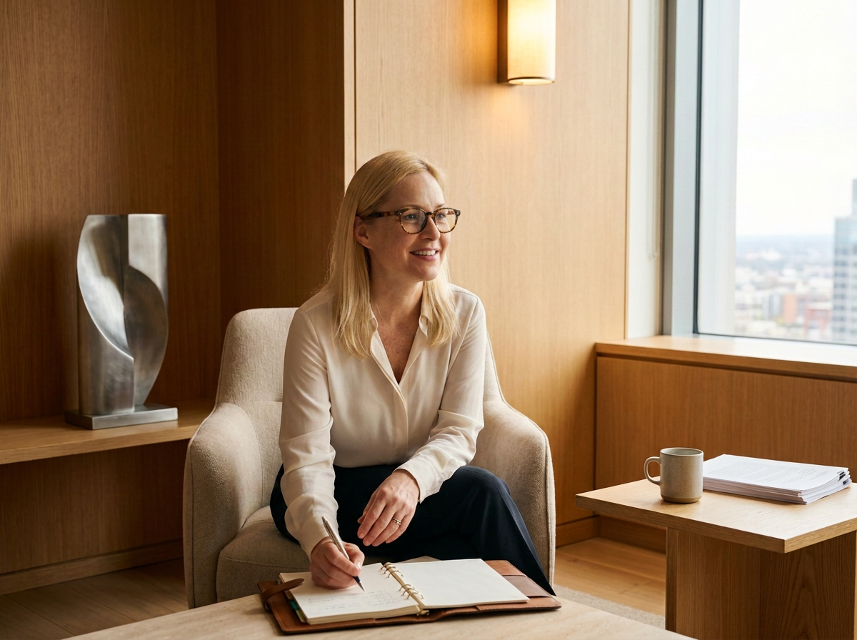 A woman with blonde hair and glasses sitting in a beige armchair, writing in a notebook with a pen. She is in a modern office with wood paneling and a large window showing a city view. There is a cup and a stack of papers on a wooden table beside her.