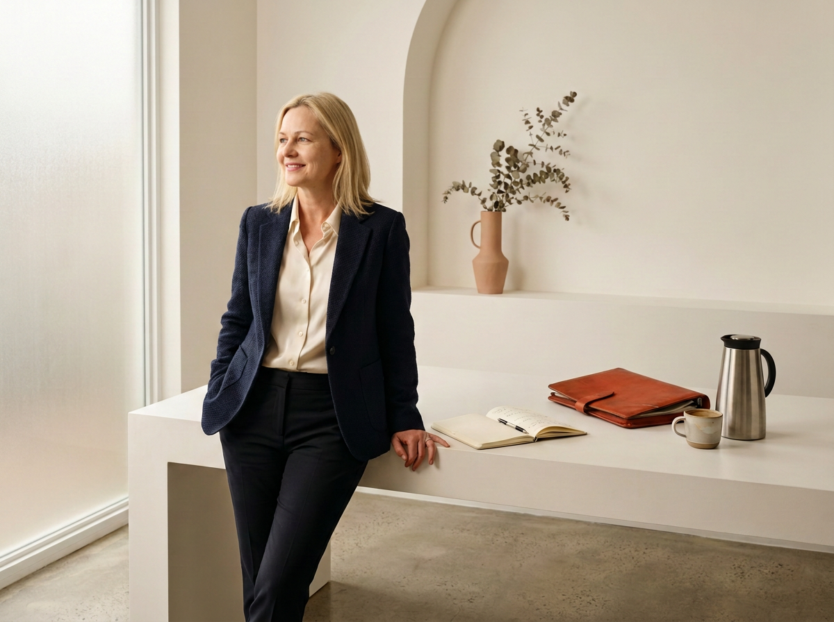 A woman in a business suit stands in a modern, minimalist office or home office, leaning on a white desk with a notebook, a brown leather folder, a stainless steel thermos, and a coffee mug on it. There is a decorative vase with dried eucalyptus on the wall shelf behind her. She is smiling and looking to her left.