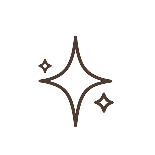 Three sparkling star icons, one large central star and two smaller stars on either side, all outlined in brown on a transparent background.