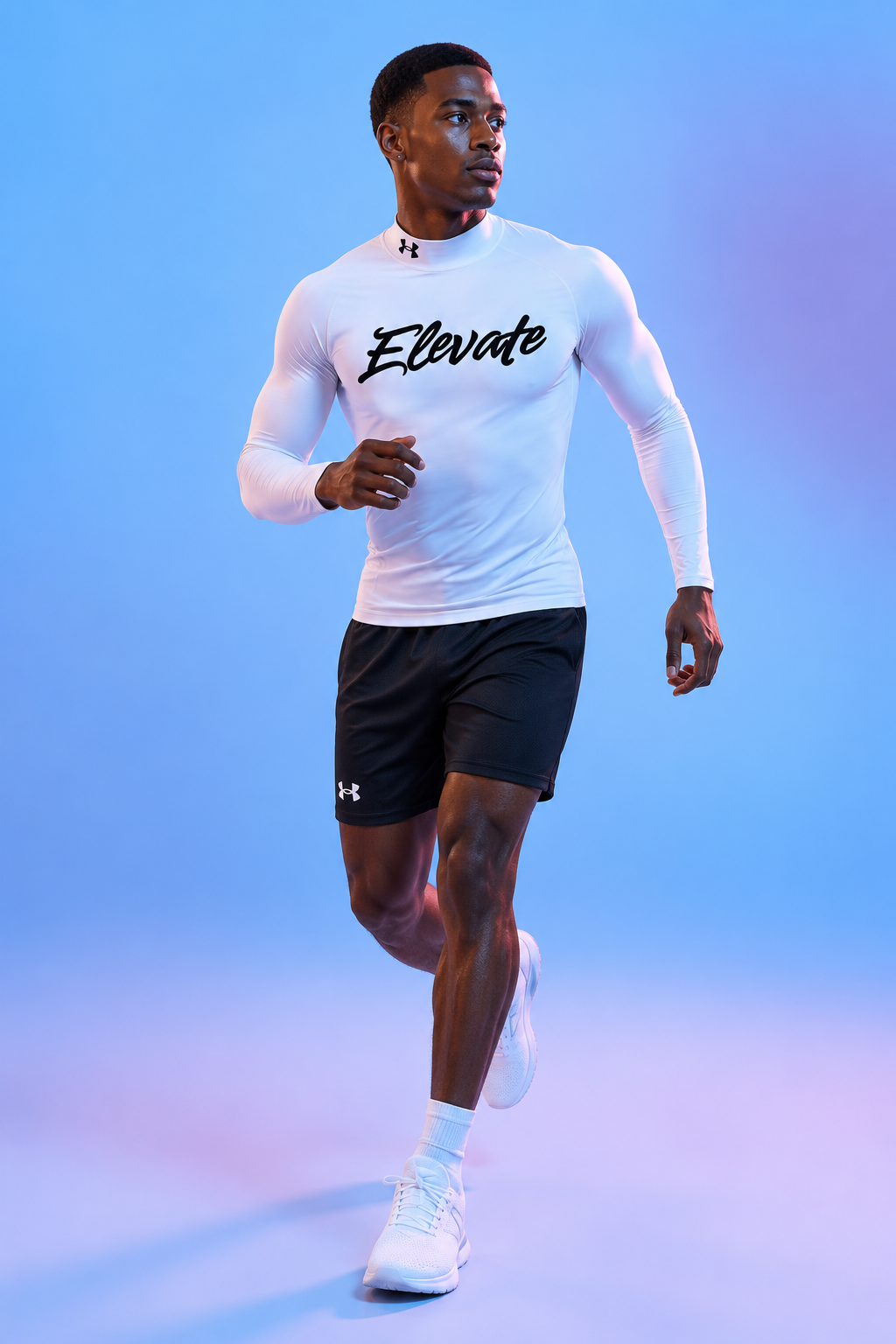 A young man running against a blue gradient background, wearing a white long-sleeve athletic shirt with 'Elevate' written on it, black shorts, and white athletic shoes.