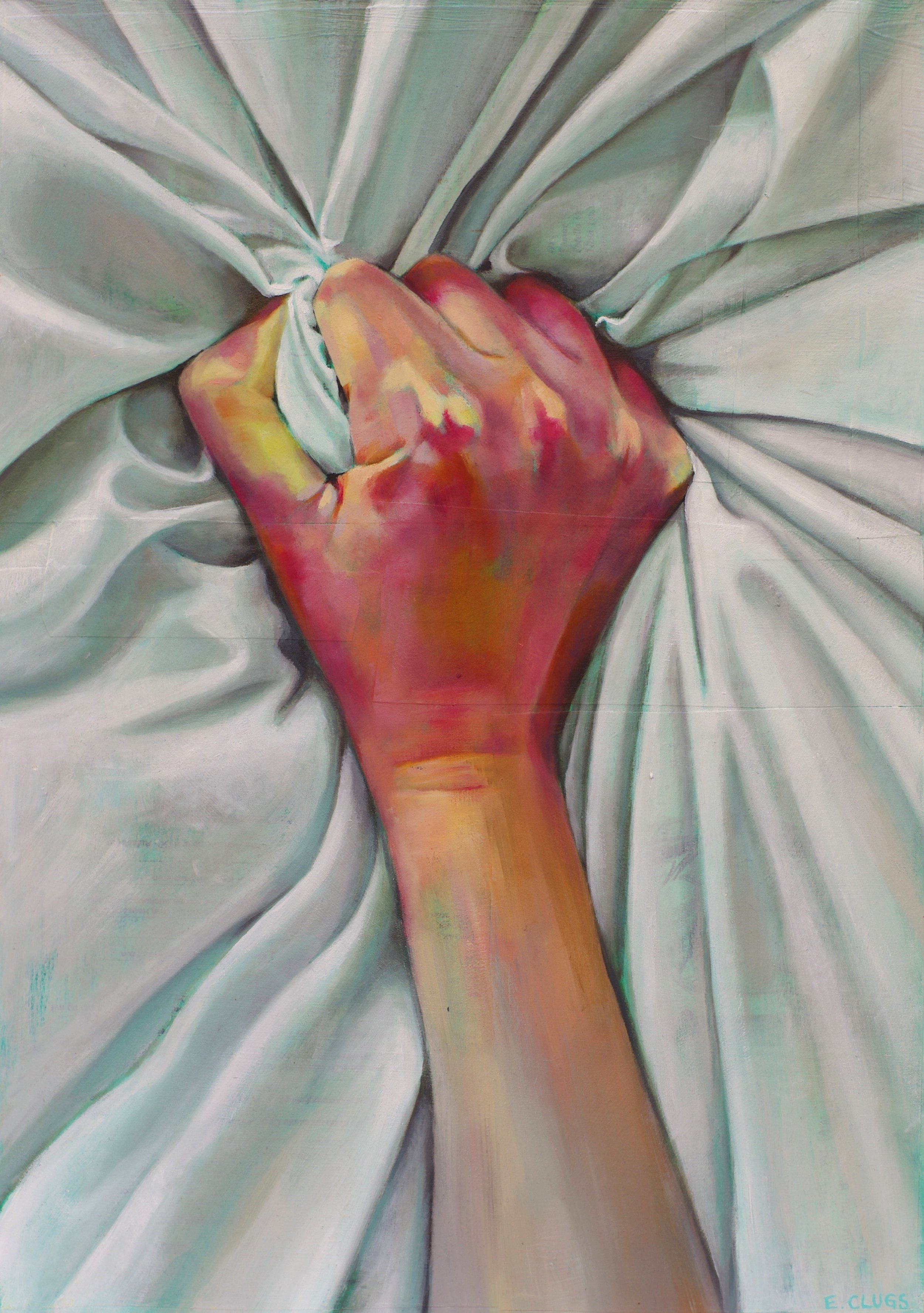 Pain or Pleasure?, oil and mixed media on panel, 42 x 30 cm, 2024