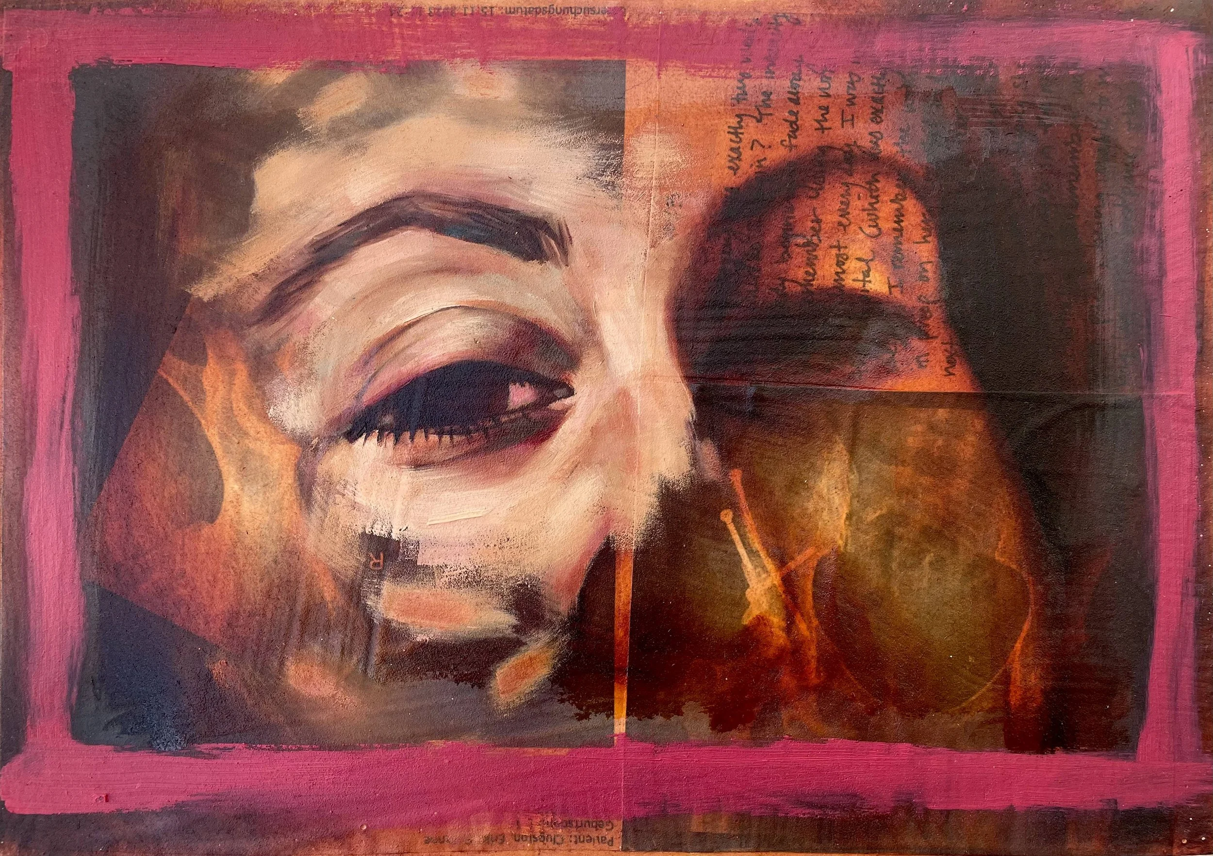 Seven Days & Ten Years Later, oil and mixed media on wood panel, 21 x 29.5 cm, 2024