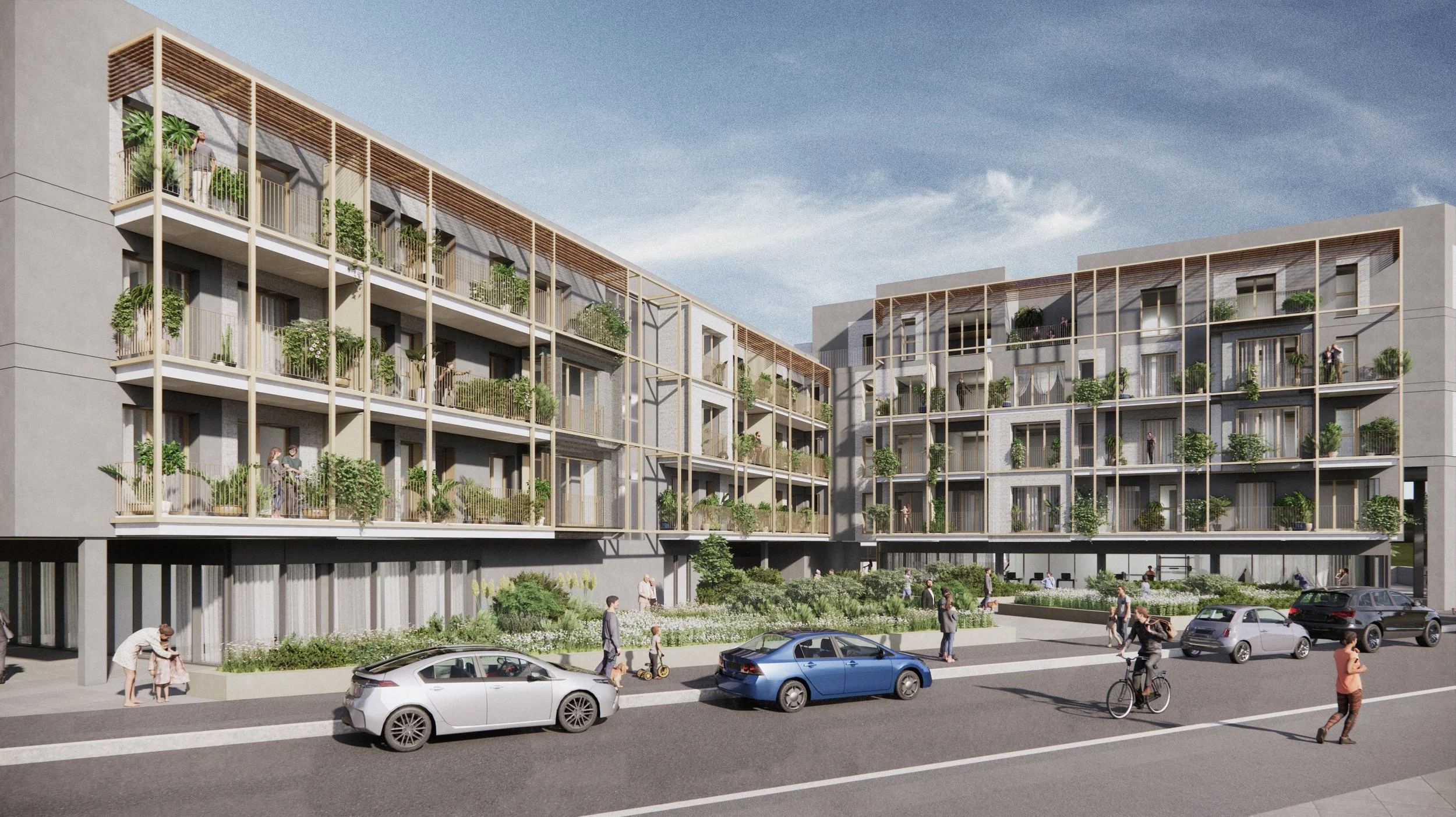 Modern multi-story residential building with balconies decorated with plants, cars parked in front, and people walking and biking on the street.