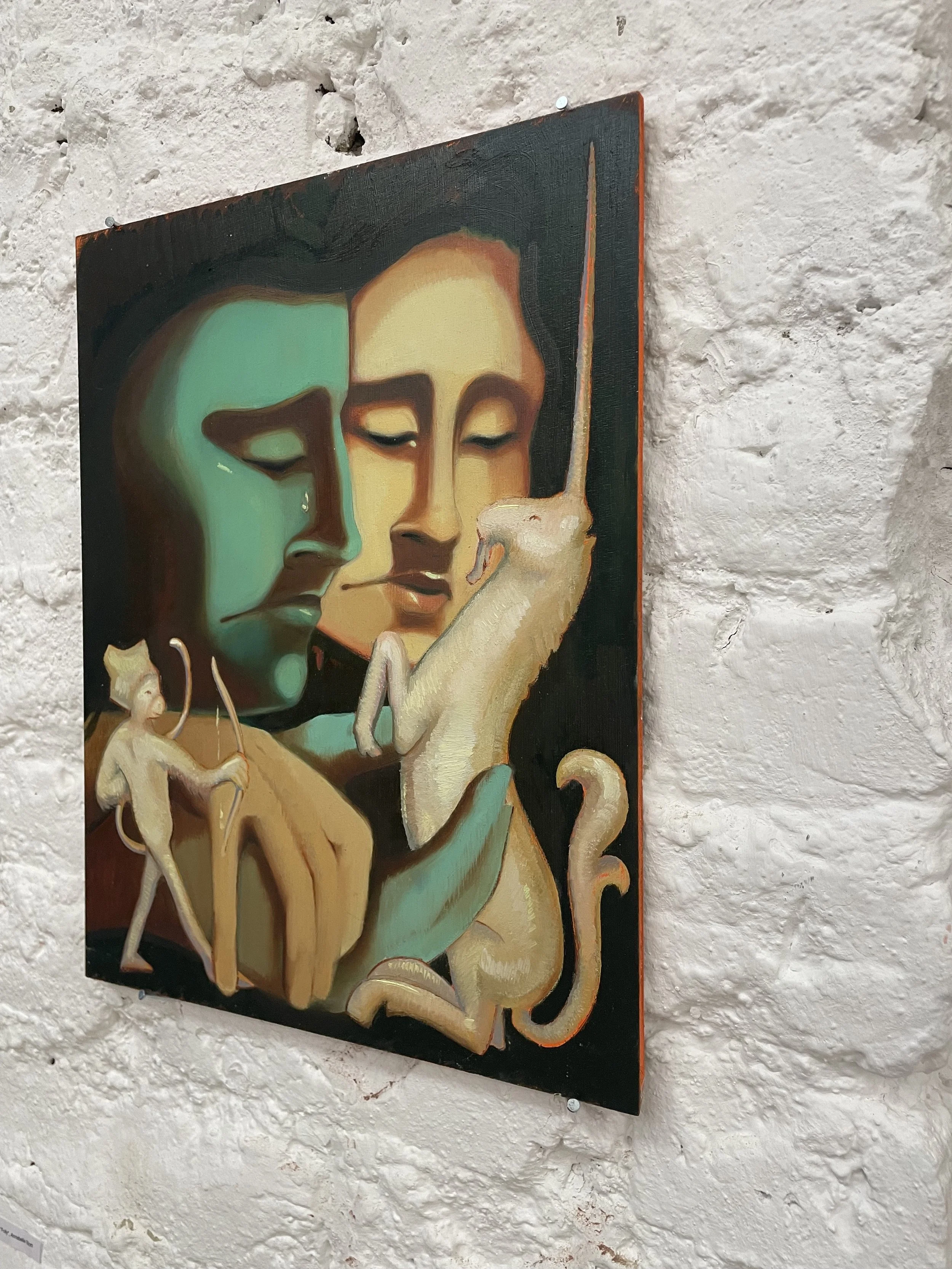 Painting titled "Folly" by Annabelle Blott featuring stylized portraits of two people with closed eyes, surrounded by symbolic animal motifs.