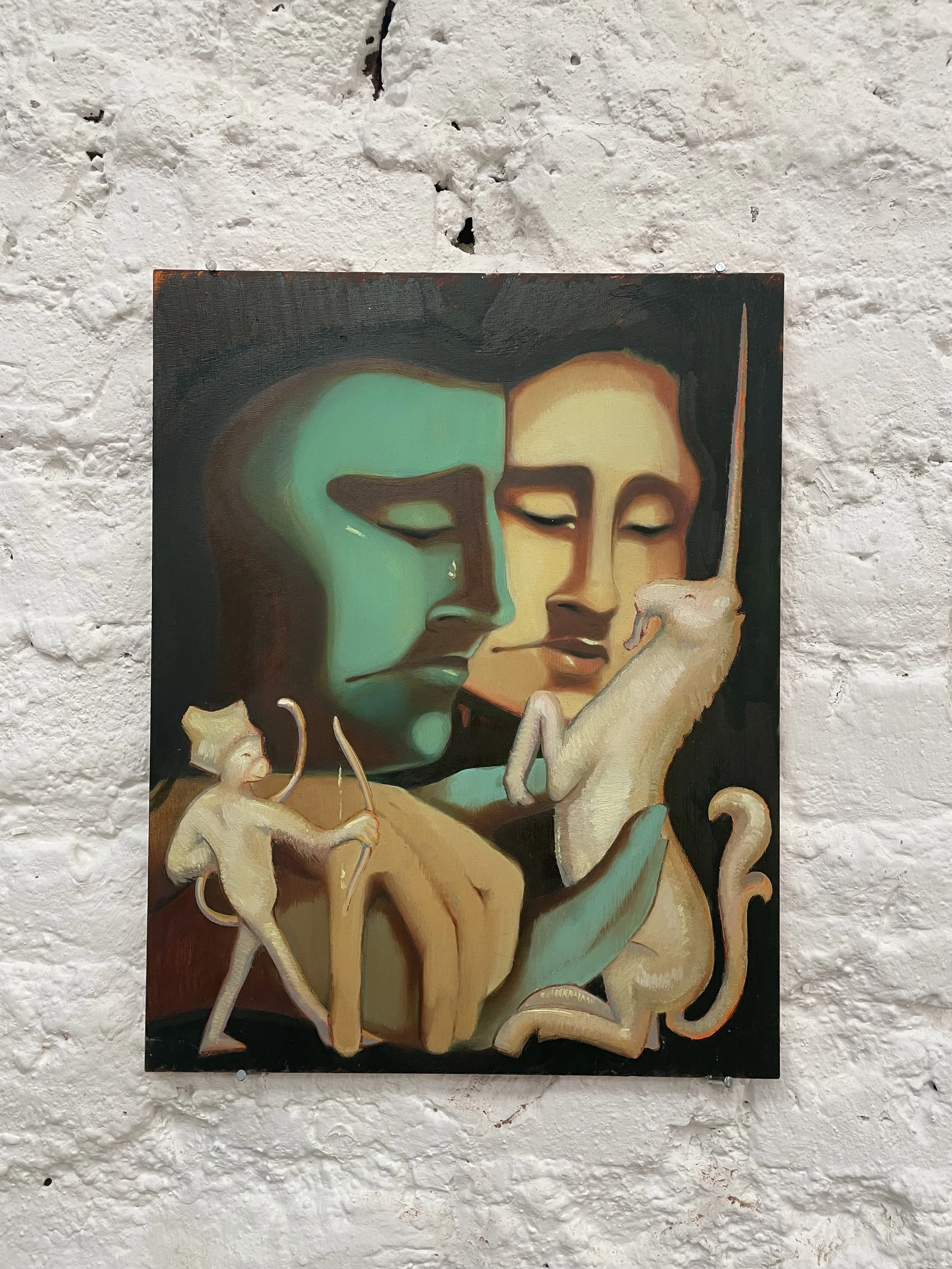 Painting titled "Folly" by Annabelle Blott featuring stylized portraits of two people with closed eyes, surrounded by symbolic animal motifs.