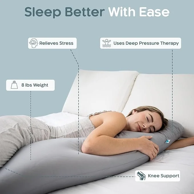 Weighted Body Pillow 8lbs, Cooling Tencel Cover, 48” x 14” XL
Calming Weighted Comfort, Breathable Cooling Cover, Machine Washable, Made for Side Sleepers, 12 Month Warranty