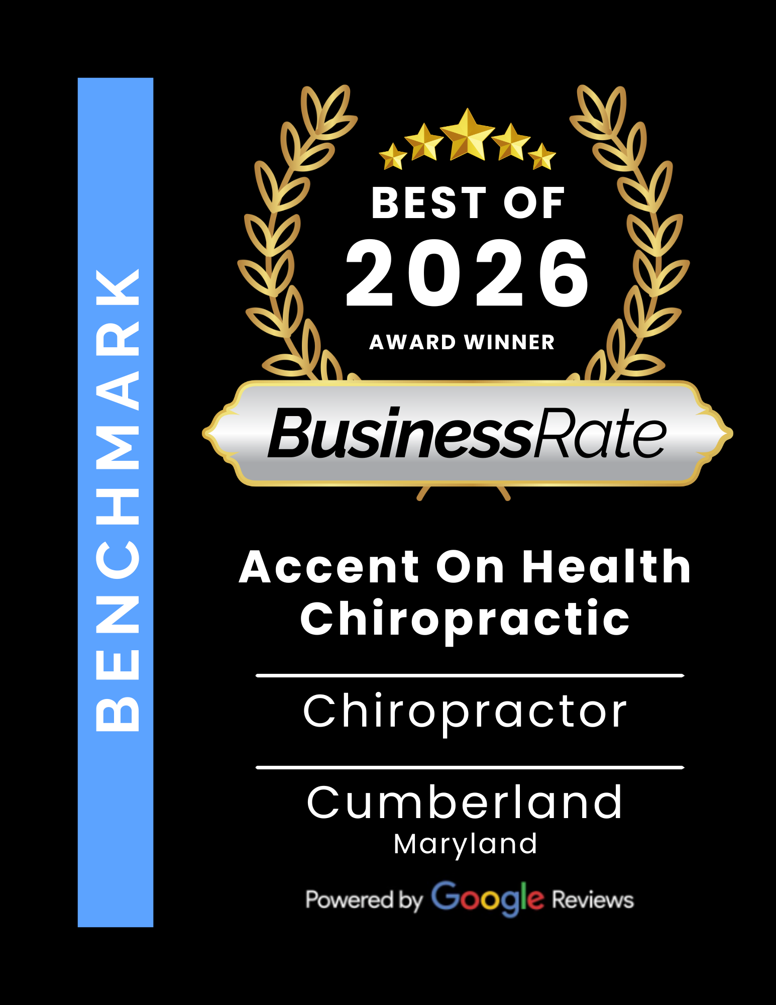 Award badge for 'Best of 2026' from BusinessRate, recognizing a chiropractor in Cumberland, Maryland, with decorative gold laurel wreath and five gold stars for best chiropractor near me in LaVale, Maryland 21502