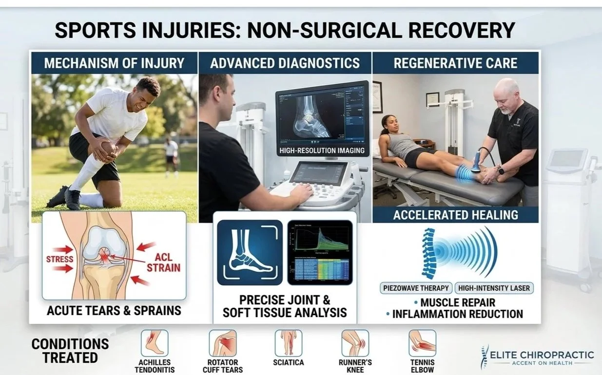 Infographic about sports injuries and non-surgical recovery, showing mechanism of injury, diagnostics with imaging, advanced diagnostics, regenerative care with therapy for accelerated healing, and conditions treated such as Achilles tendinitis, rotator cuff tears, sciatica, runner's knee, and tennis elbow.