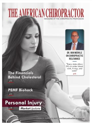Magazine cover titled 'The American Chiropractor' featuring a black-and-white photo of a woman with a healthcare professional in the background, and highlights on articles about cholesterol, PEMF biohack, and personal injury.