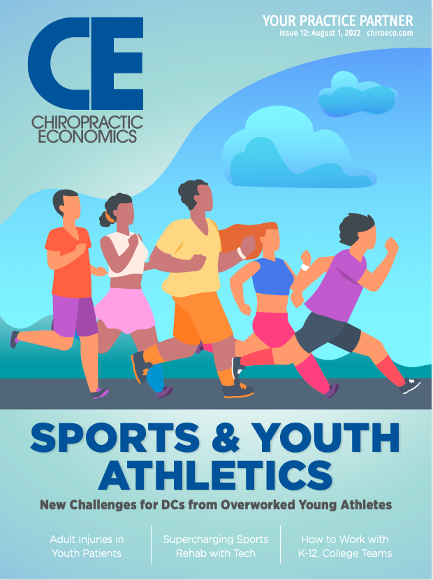 Illustration of five young athletes running outdoors with clouds in the sky and mountains in the background, for a sports and youth athletics magazine cover.