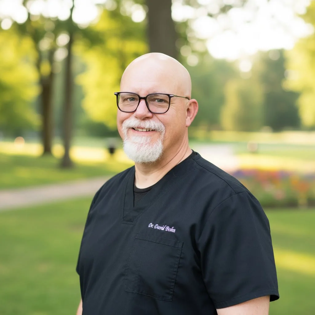 A smiling man with glasses and a white beard, wearing a black medical scrub top, standing outdoors in a park with trees and a pathway in the background.