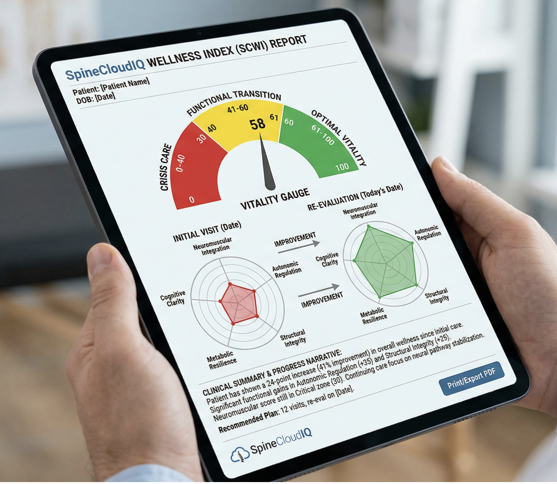 Tablet screen displaying a chiropractic wellness index report with vitality gauge, radar charts, and clinical summary at the best chiropractor in Cumberland MD.
