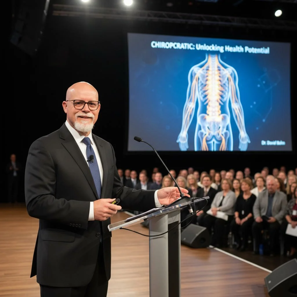 Dr David Bohn giving a presentation on chiropractic care titled "Chiropractic: Unlocking Health Potential" with an audience and a screen displaying a detailed illustration of the human skeletal and nervous systems. Best Chiropractor near me 21502