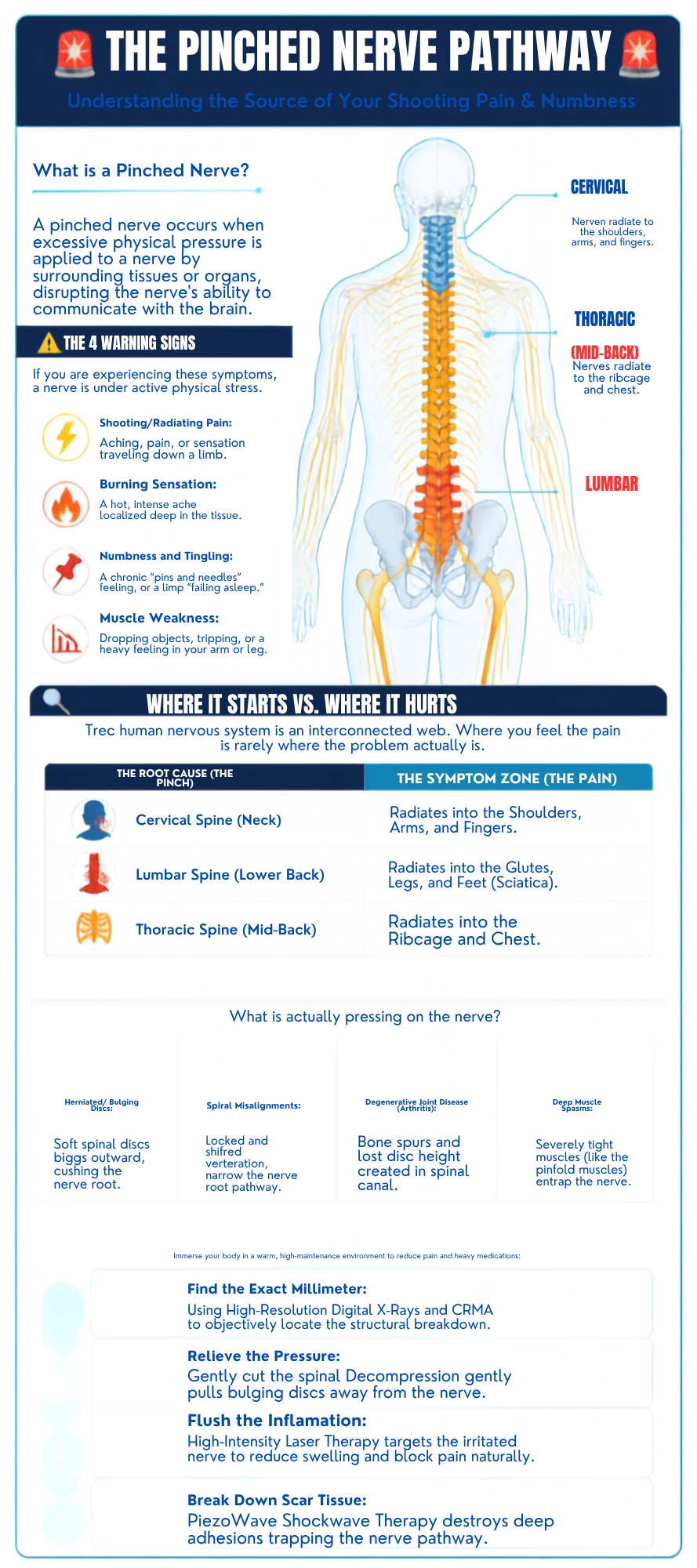 Diagram explaining the pinched nerve pathway, showing nerves radiating from the cervical, thoracic, and lumbar regions, with symptoms and causes.