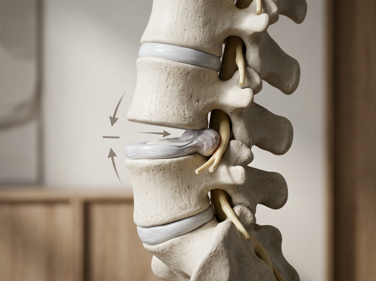 A medical model of a human spine with a herniated disc, showing vertebrae, spinal cord nerves, and intervertebral discs.