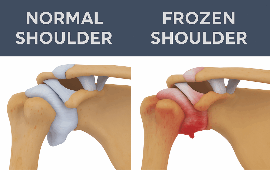 Comparison of a normal shoulder joint and a frozen shoulder joint, showing healthy ligaments and inflamed tissue in the frozen shoulder.