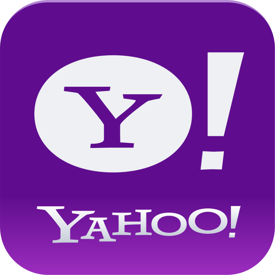 Yahoo! logo with purple background and large white exclamation point.