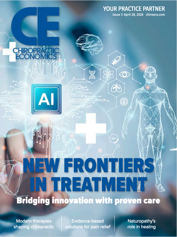 The cover of a magazine titled 'Chiropractic Economics' issue dated April 28, 2026, featuring digital graphics of a human body and medical icons, with the main headline 'New Frontiers in Treatment'.